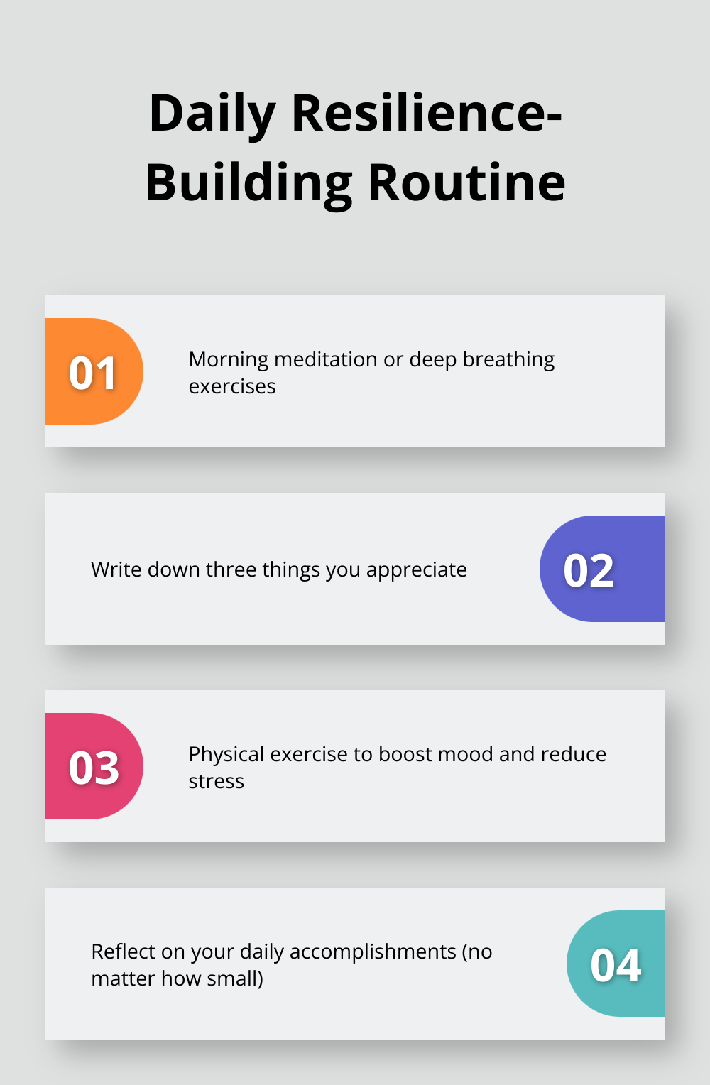 Infographic listing four daily activities for building resilience: morning meditation, gratitude practice, physical exercise, and reflection on accomplishments - importance of positive psychology in daily life