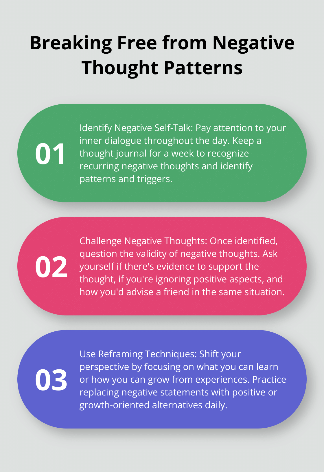 Ordered list chart showing three strategies to overcome negative thought patterns: Identify Negative Self-Talk, Challenge Negative Thoughts, and Use Reframing Techniques. - positive mind vibes life