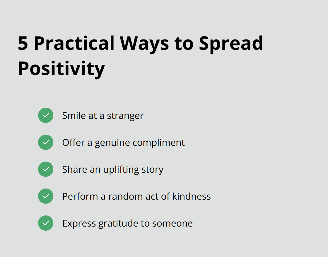 Checkmark list of five practical ways to spread positivity: smile at a stranger, offer a genuine compliment, share an uplifting story, perform a random act of kindness, and express gratitude to someone - sending love and positive vibes