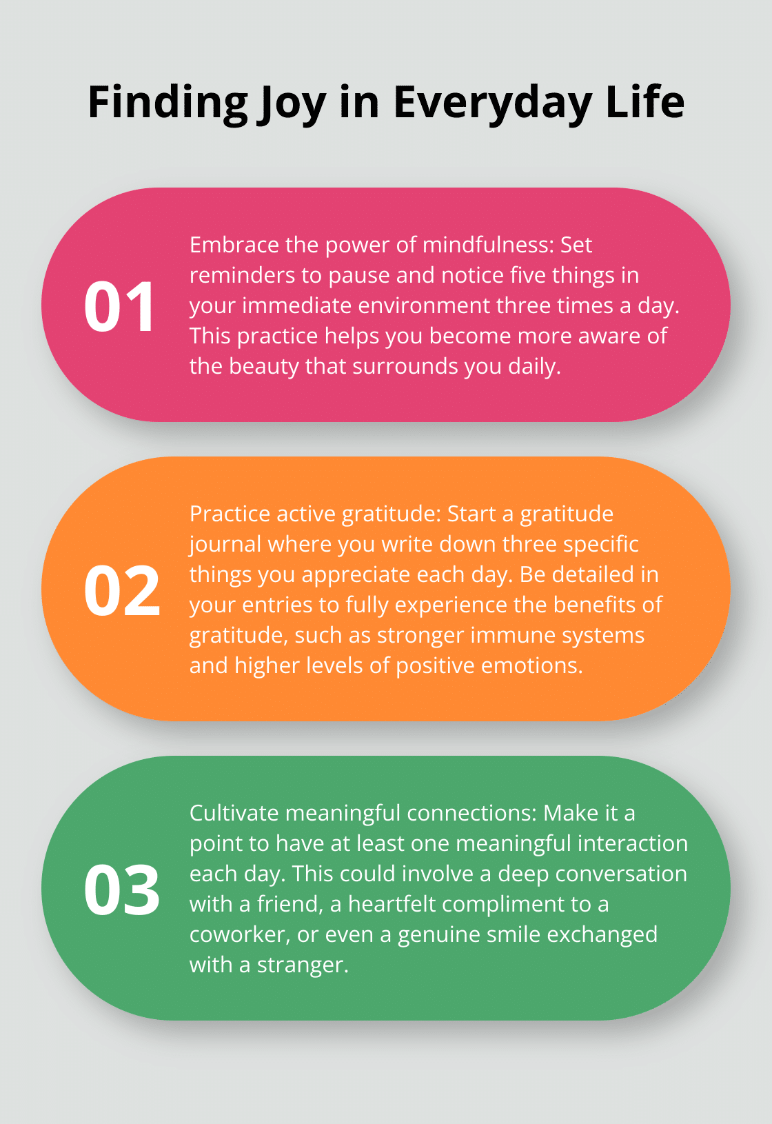 An ordered list chart showing three ways to find joy in everyday life: Embrace mindfulness, practice active gratitude, and cultivate meaningful connections.