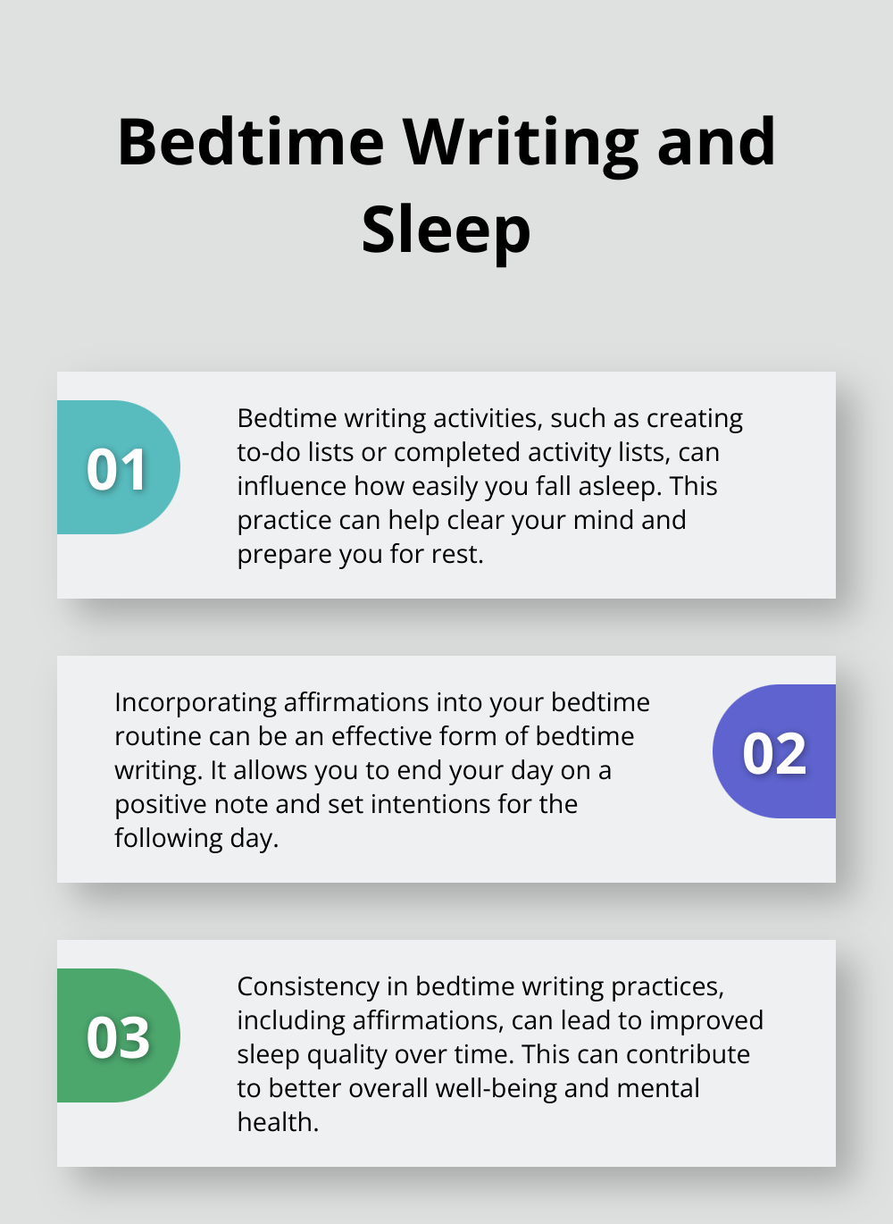 Ordered list showing three points about bedtime writing and its effect on sleep