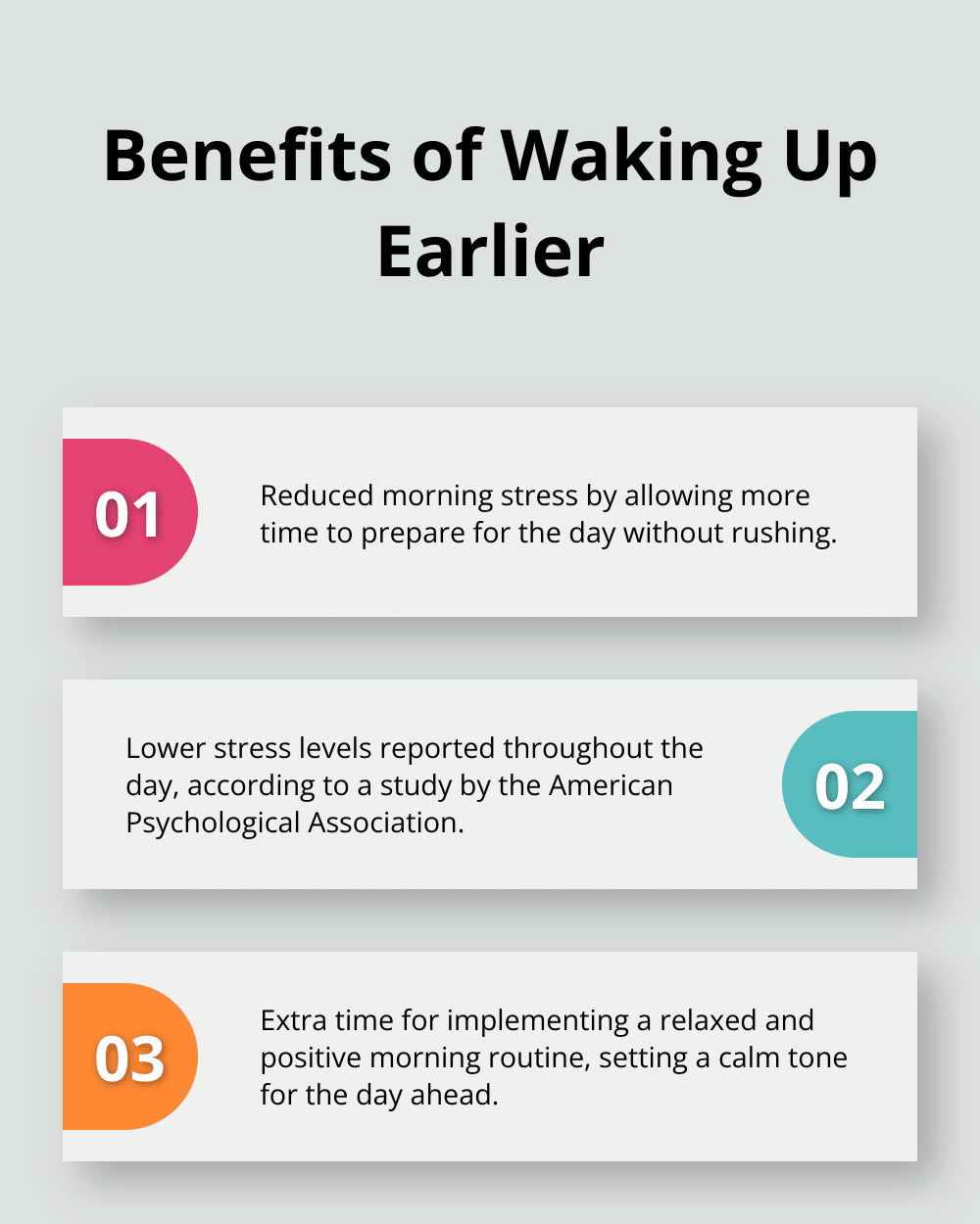 Chart listing three benefits of waking up 15-30 minutes earlier: reduced morning stress, lower stress levels throughout the day, and more time for a relaxed morning routine - positive morning vibes