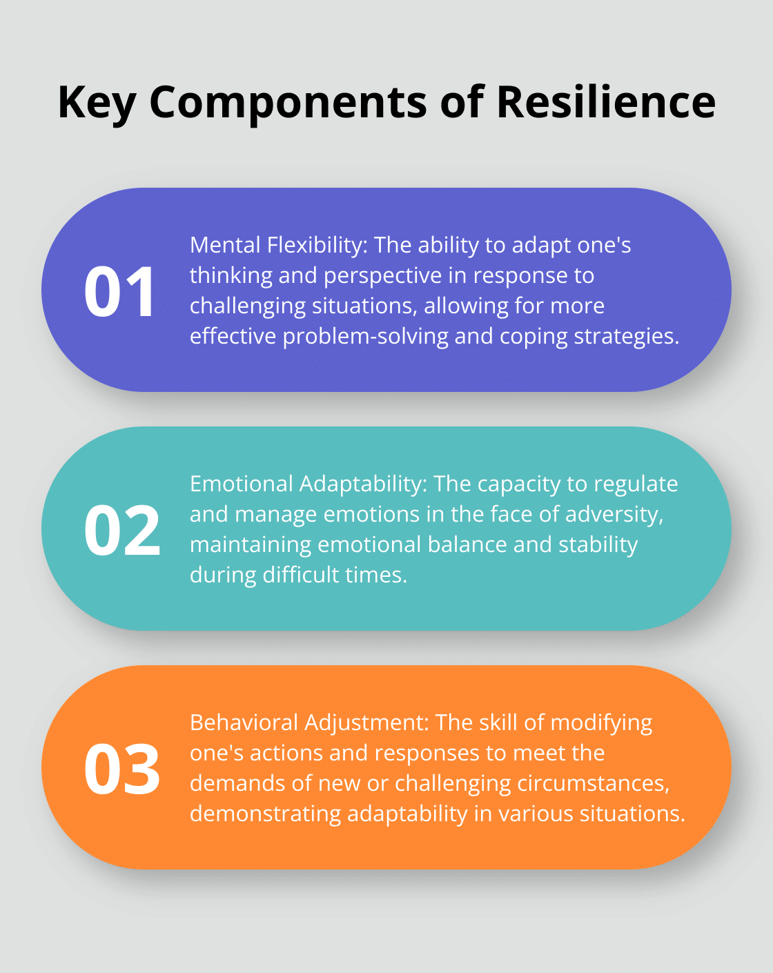Ordered list chart showing three key components of resilience: mental flexibility, emotional adaptability, and behavioral adjustment - positive vibes only quote