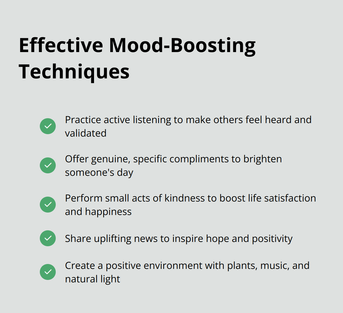 A checkmark list chart showing five effective mood-boosting techniques: active listening, genuine compliments, small acts of kindness, sharing positive news, and creating a positive environment. - sending you positive vibes
