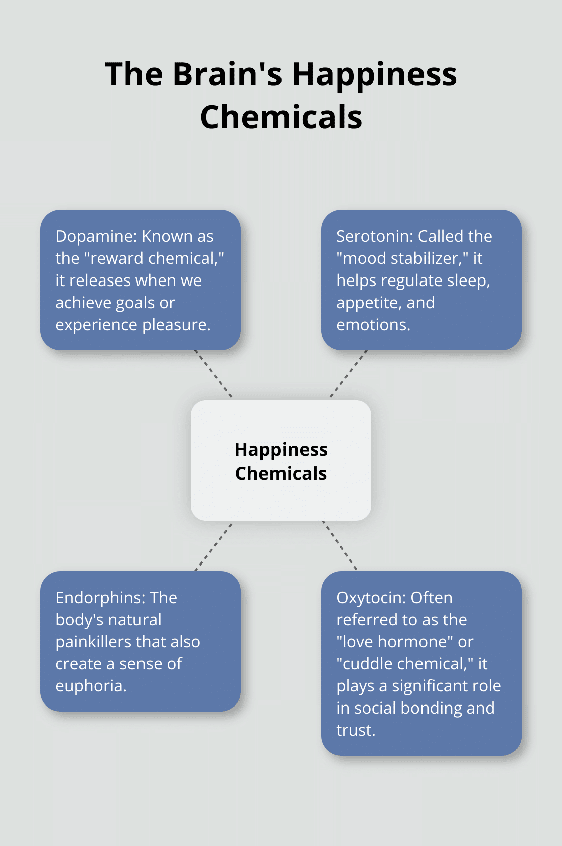 A hub and spoke chart showing the four main happiness chemicals in the brain: dopamine, serotonin, endorphins, and oxytocin, along with their primary functions. - sending you positive vibes