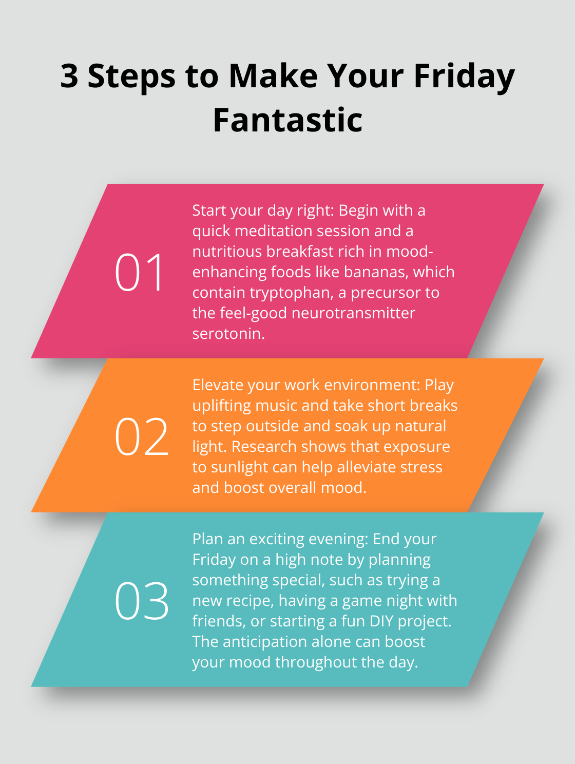 An ordered list chart presenting three key steps to enhance your Friday: Start your day right, elevate your work environment, and plan an exciting evening.