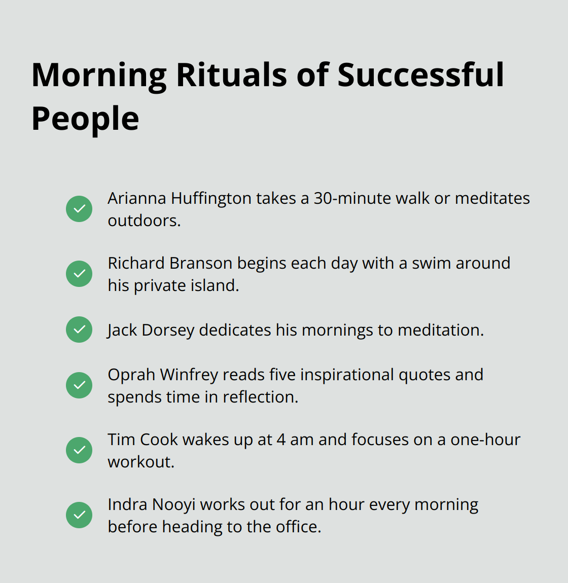 Checkmark list chart showing morning rituals of successful people including outdoor activities, meditation, reading inspirational quotes, and exercising.