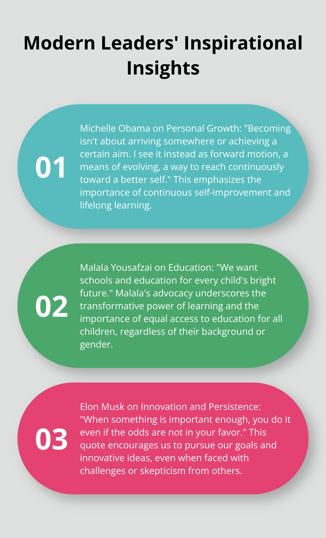 An ordered list chart presenting inspirational insights from Michelle Obama, Malala Yousafzai, and Elon Musk on personal growth, education, and innovation. - positive vibes quotes
