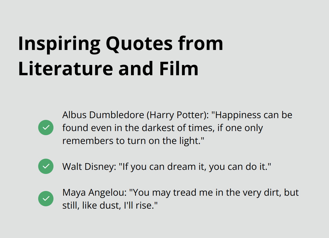 A checkmark list chart featuring inspirational quotes from Harry Potter, Walt Disney, and Maya Angelou, highlighting themes of positivity, dreams, and resilience.