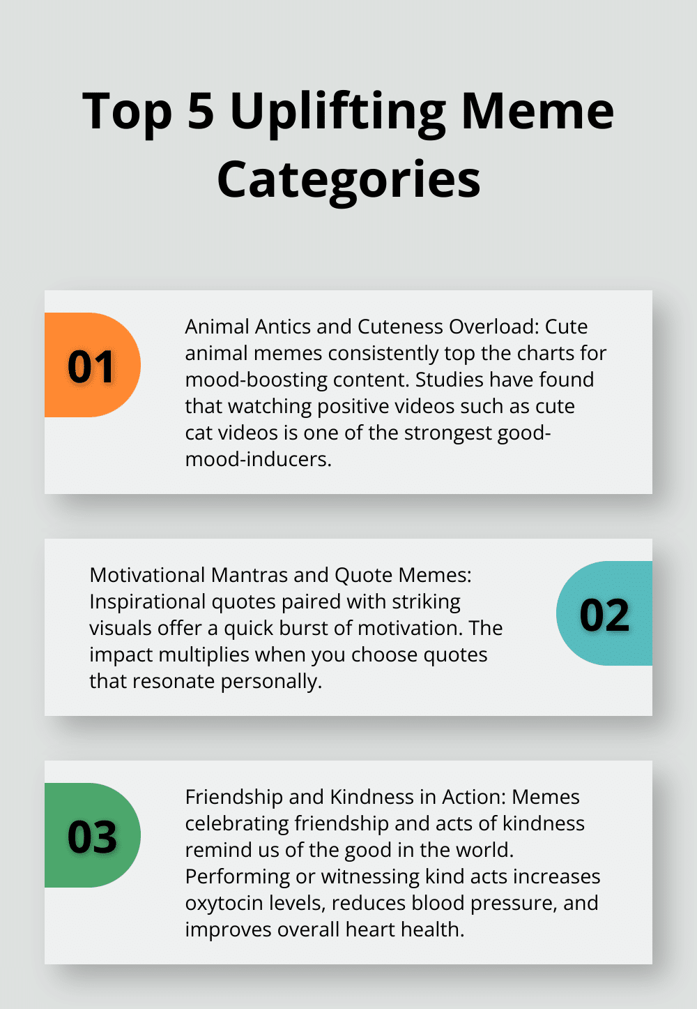Ordered list chart showing the top 5 uplifting meme categories: Animal Antics, Motivational Mantras, Friendship and Kindness, Self-Care and Mental Health, Success Stories - sending positive vibes meme