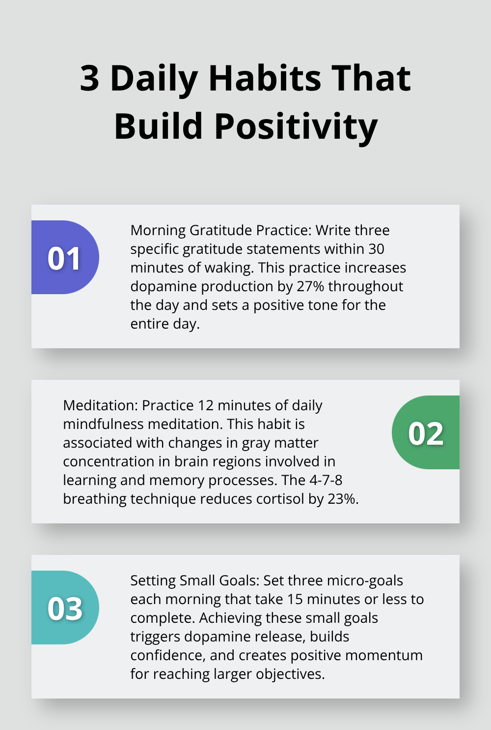 Chart listing three daily habits for building positivity: Morning Gratitude Practice, Meditation, and Setting Small Goals. - positive outlook on life