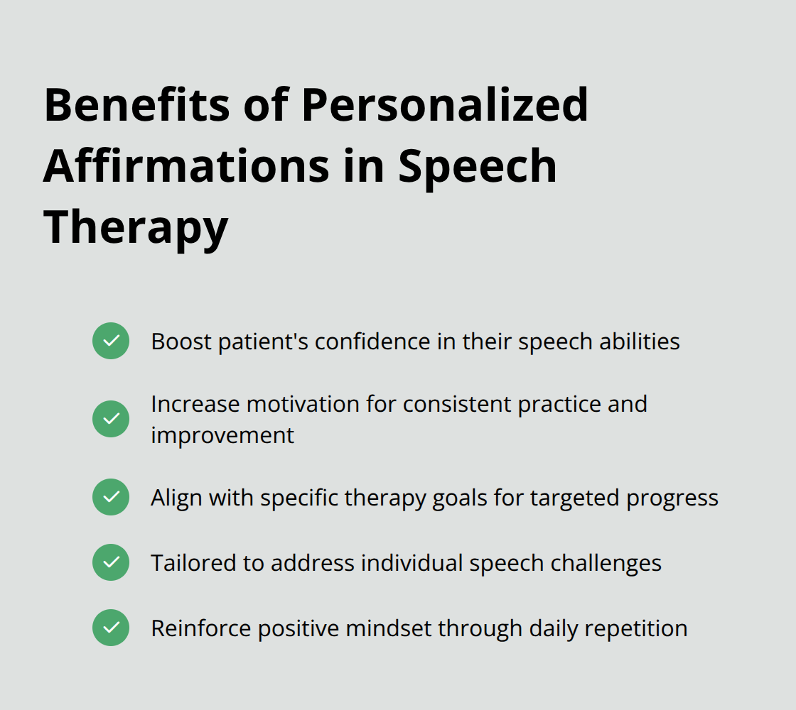 Checkmark list chart showing five benefits of personalized affirmations: boosted confidence, increased motivation, aligned with specific goals, tailored to individual challenges, and reinforced daily practice. - positive outlook speech therapy