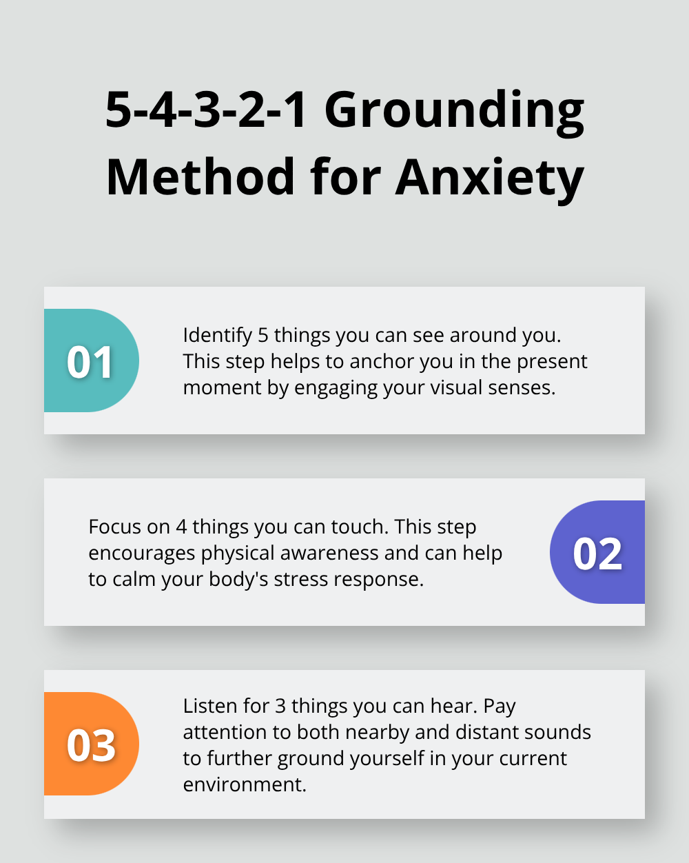 Ordered list chart showing the 5 steps of the grounding method: 5 things you can see, 4 things you can touch, 3 things you can hear, 2 things you can smell, and 1 thing you can taste.