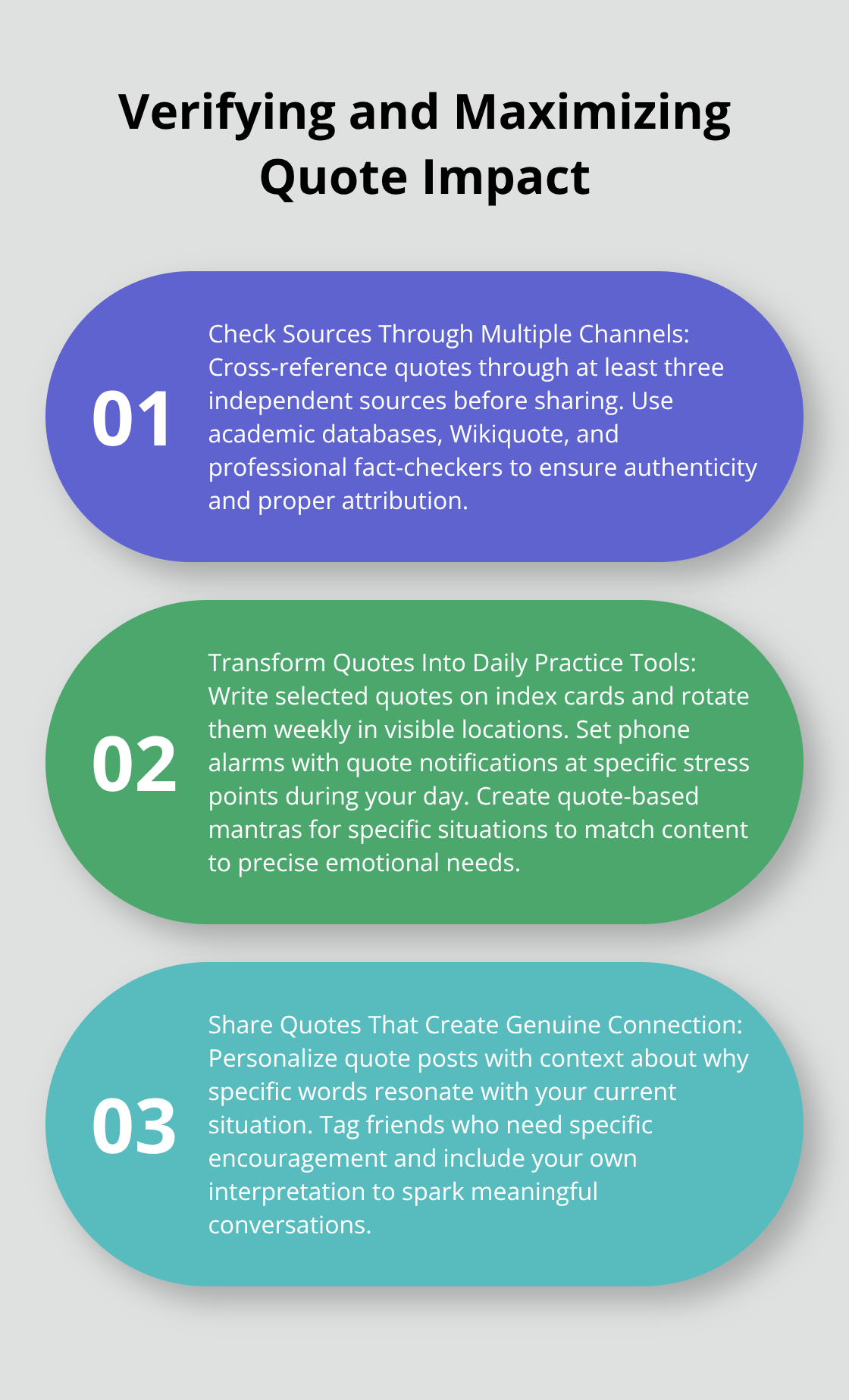 Ordered list chart showing three steps to verify quote authenticity and maximize their impact: Check sources through multiple channels, transform quotes into daily practice tools, and share quotes that create genuine connection. - quotes about positivity and love
