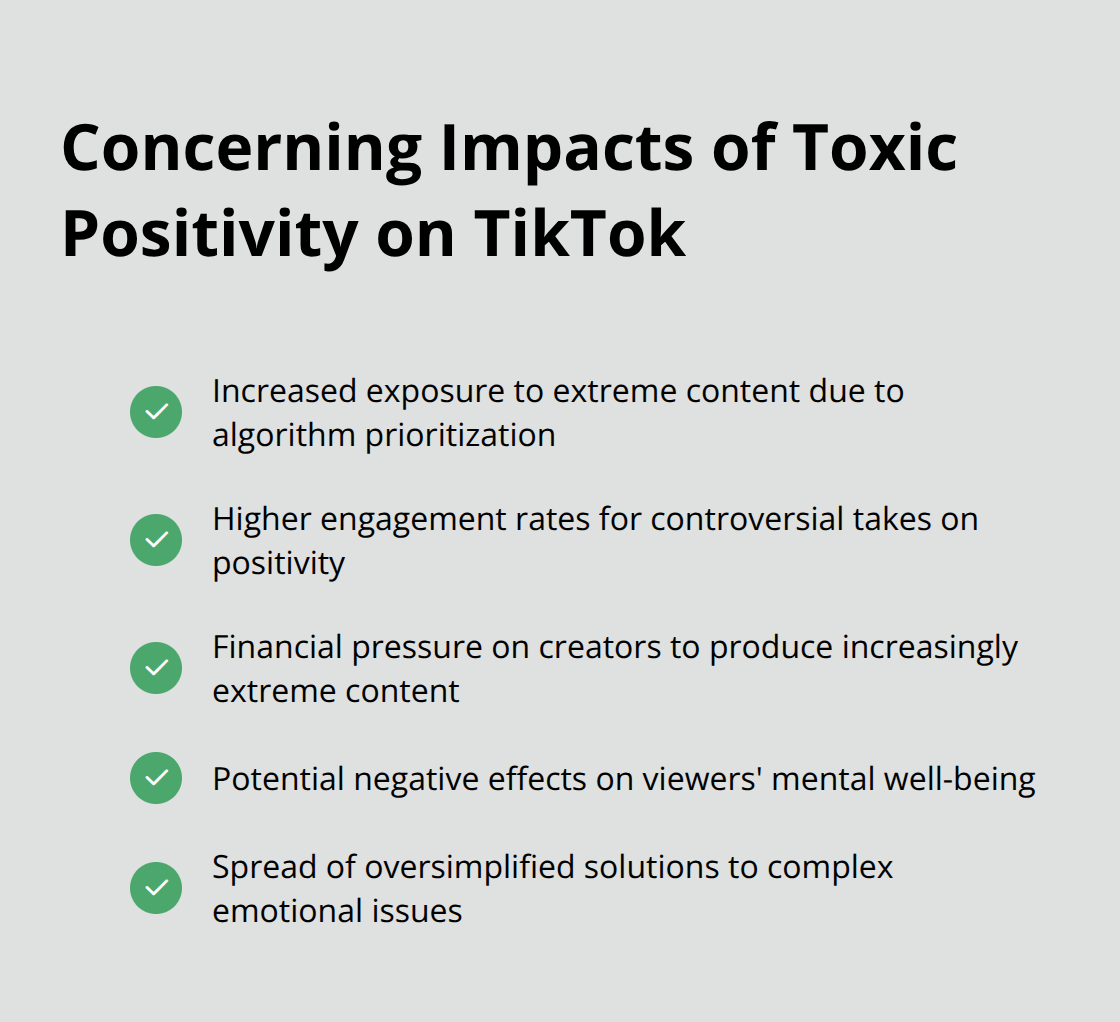 Checkmark list showing the concerning impacts of TikTok videos promoting toxic positivity on mental health.