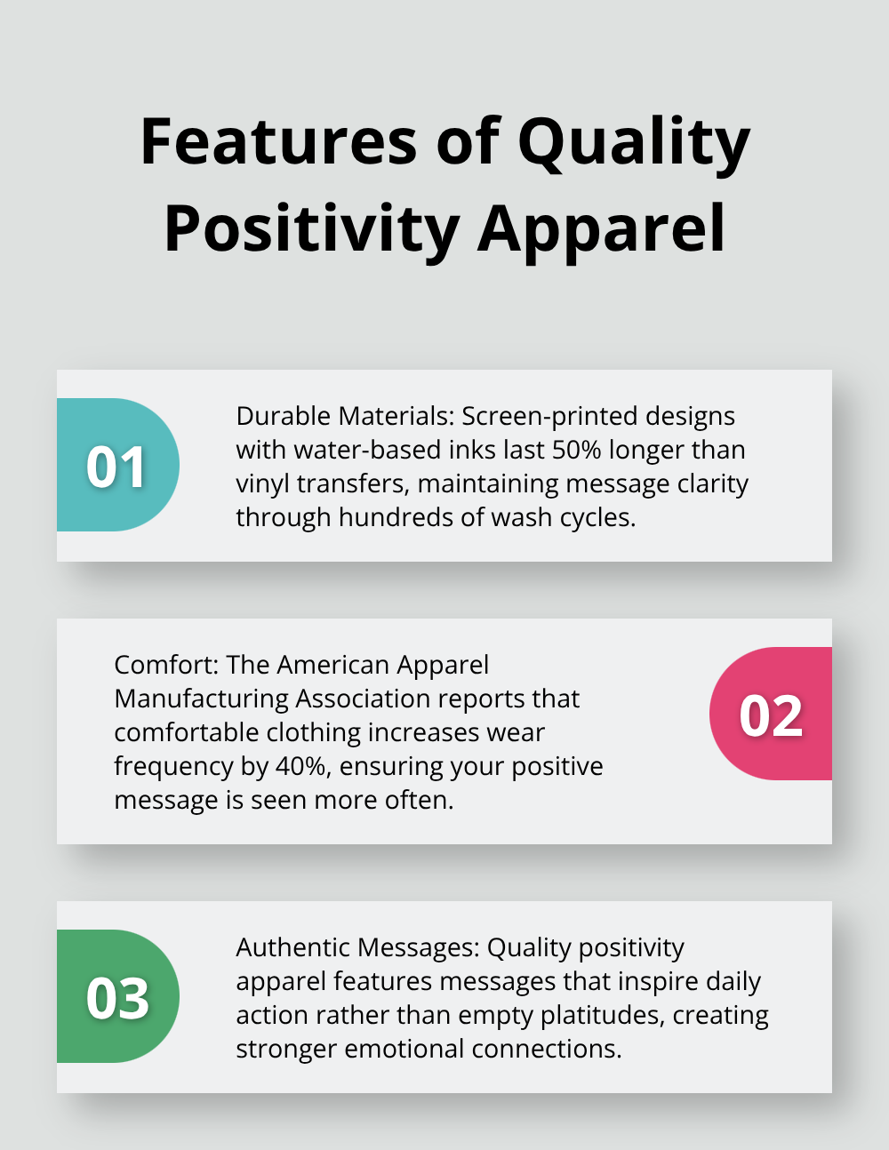 Ordered list chart showing three key features that make positivity apparel worth the investment