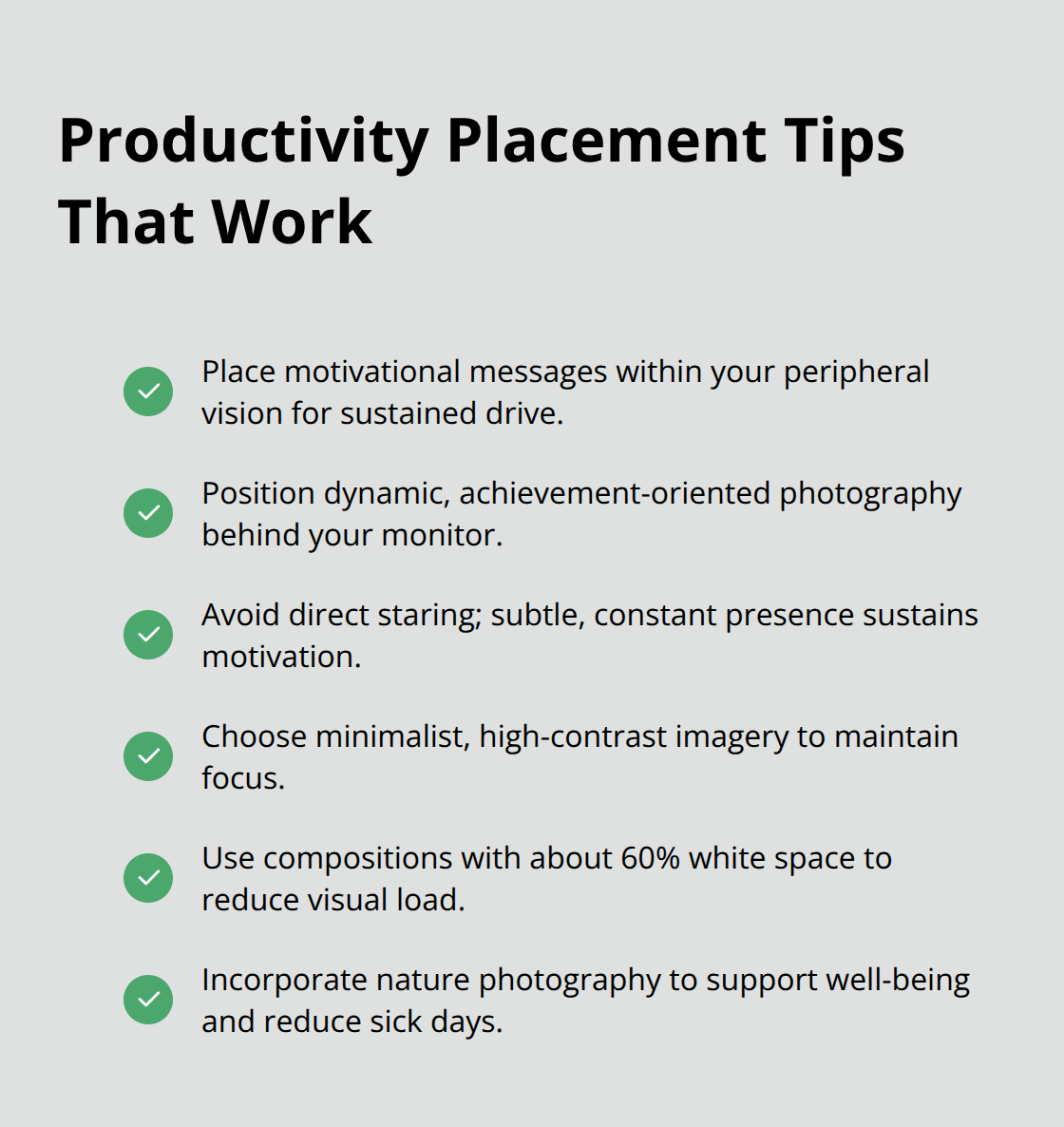 Checklist of art placement practices that improve focus and output in U.S. workspaces. - positivity artwork