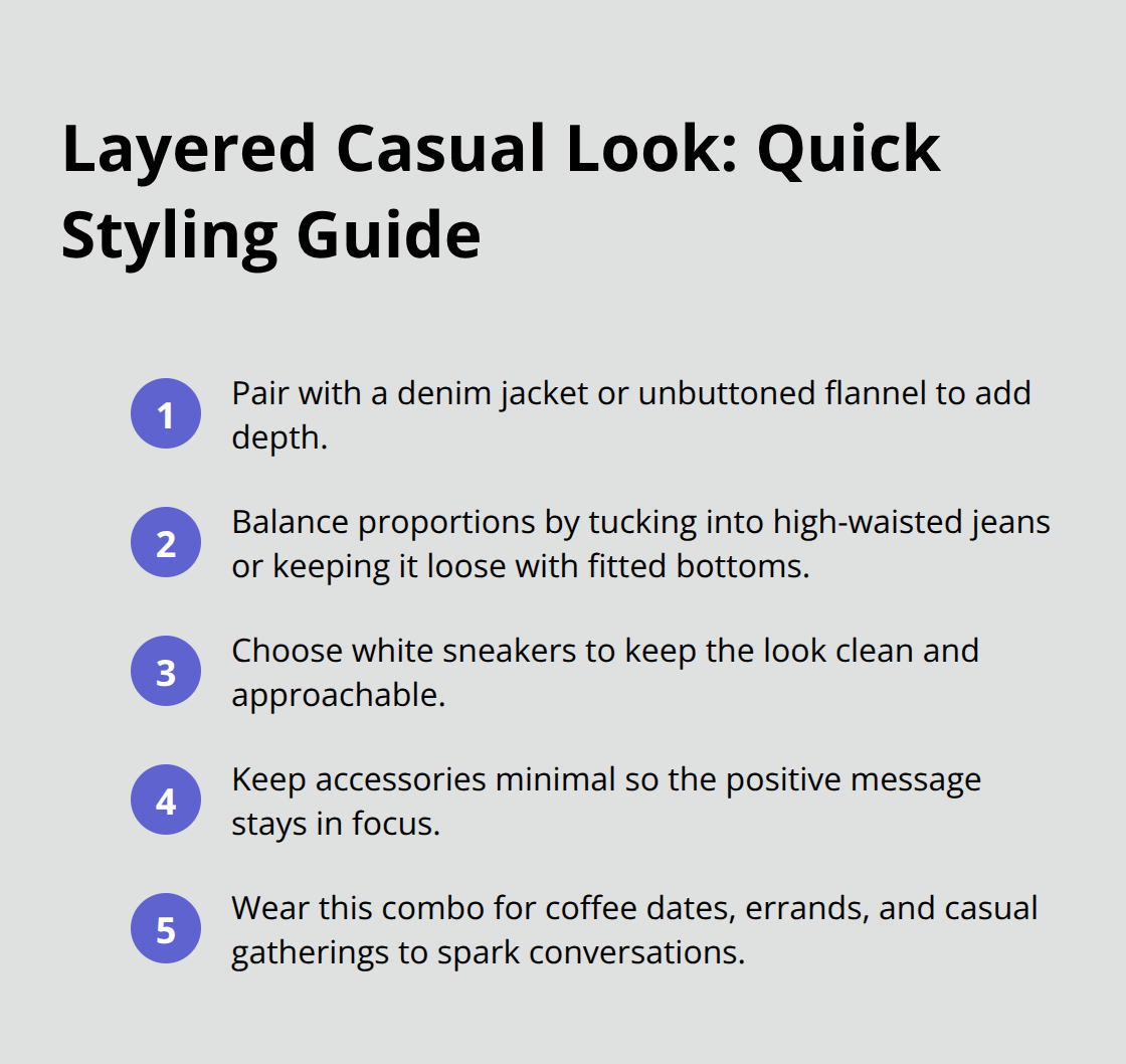 Compact list of steps to style a positivity t-shirt in a layered casual outfit. - positivity tshirt