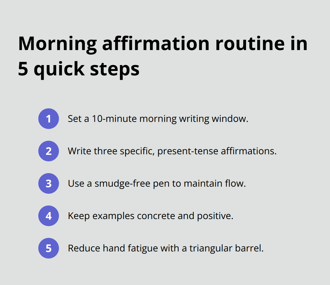 Compact checklist of five steps for a morning affirmation routine using positivity pens
