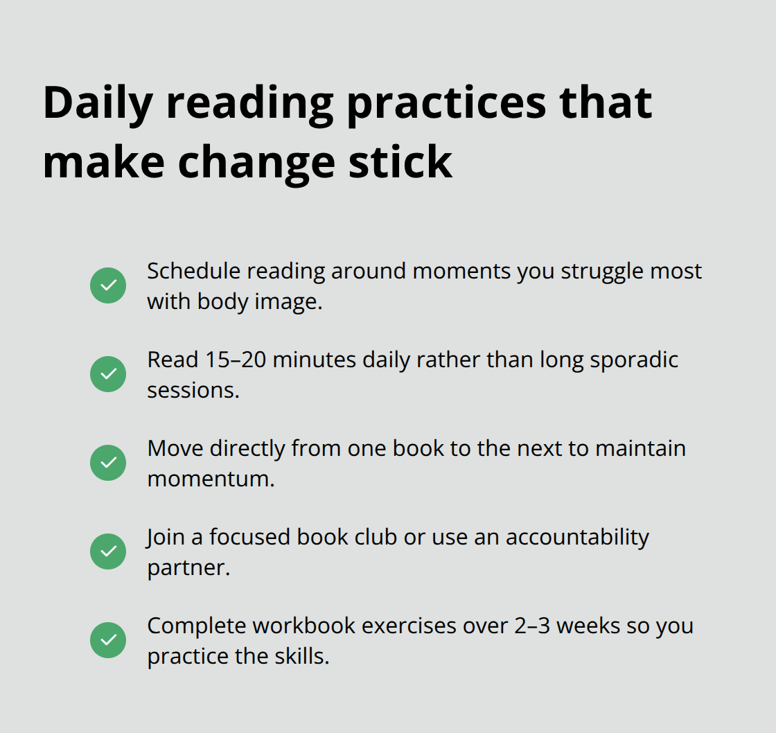 Checklist of practical reading habits: schedule, duration, accountability, workbook completion, specific actions.
