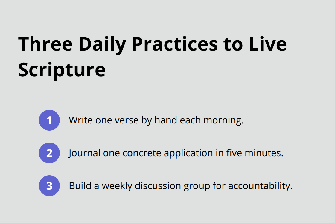 Compact list of three daily practices: write by hand, journal application, build weekly community. - positivity bible