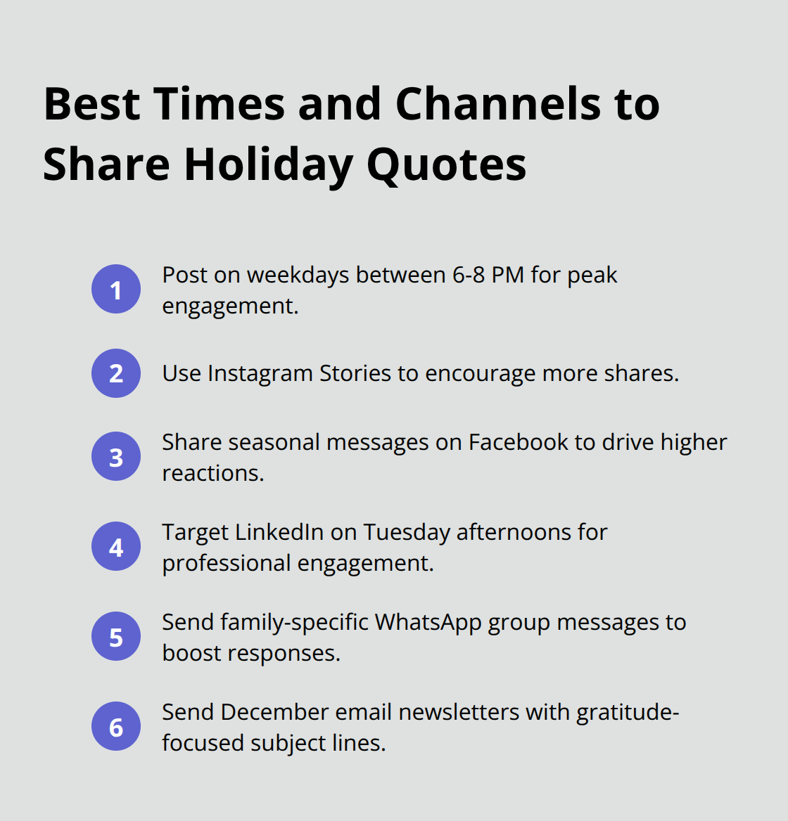 Compact list of proven timings and channels to maximize holiday quote impact.