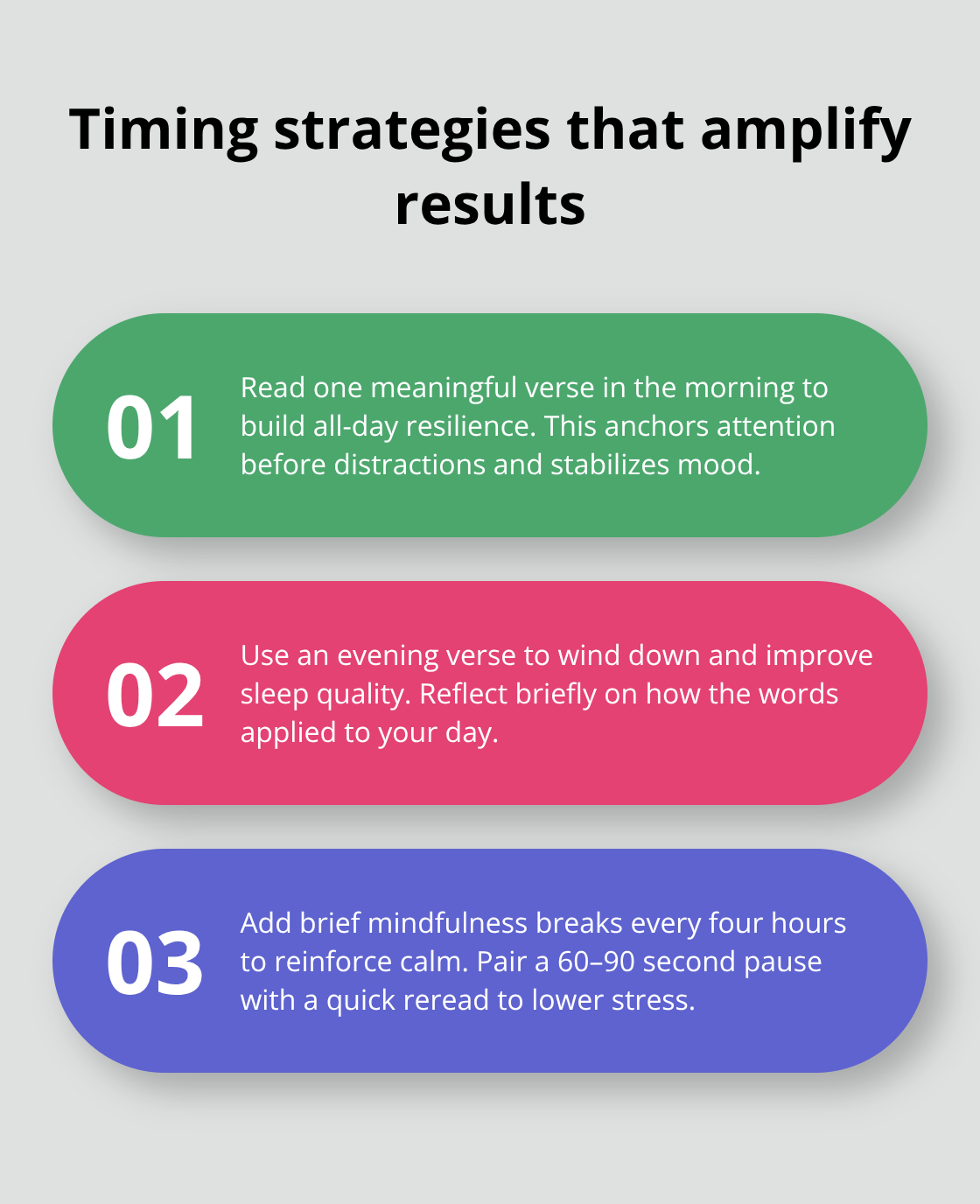 Three practical timing strategies for verse-based stress reduction.