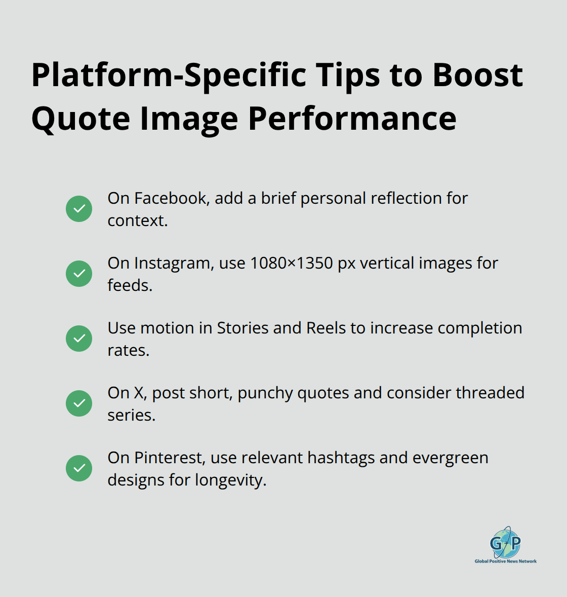 Checkmark list of best practices for posting quote images across social platforms