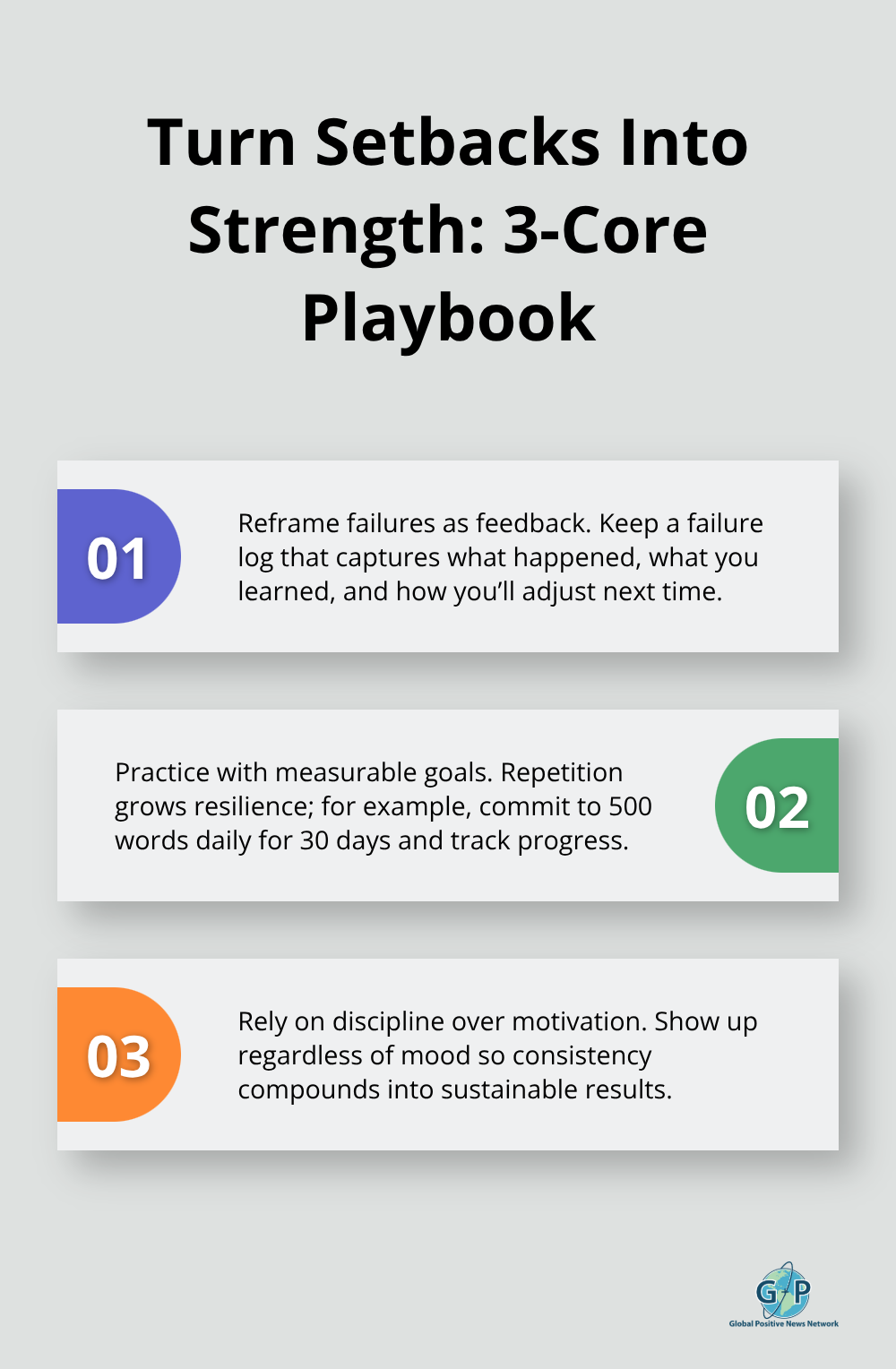 Three-point guide to reframing failures, setting measurable practice, and using discipline to drive progress. - positive things about life
