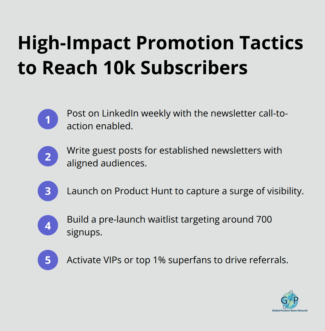 Five fast-moving promotional plays to grow a positivity newsletter in the United States