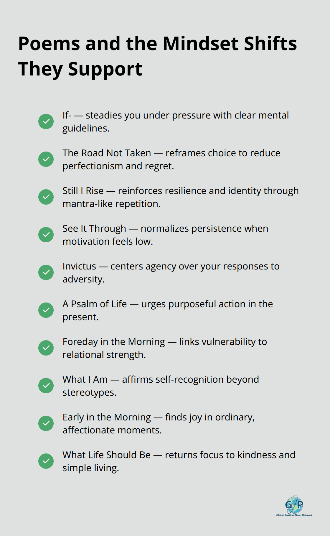 Checklist of featured poems matched to practical mental benefits - positivity poems