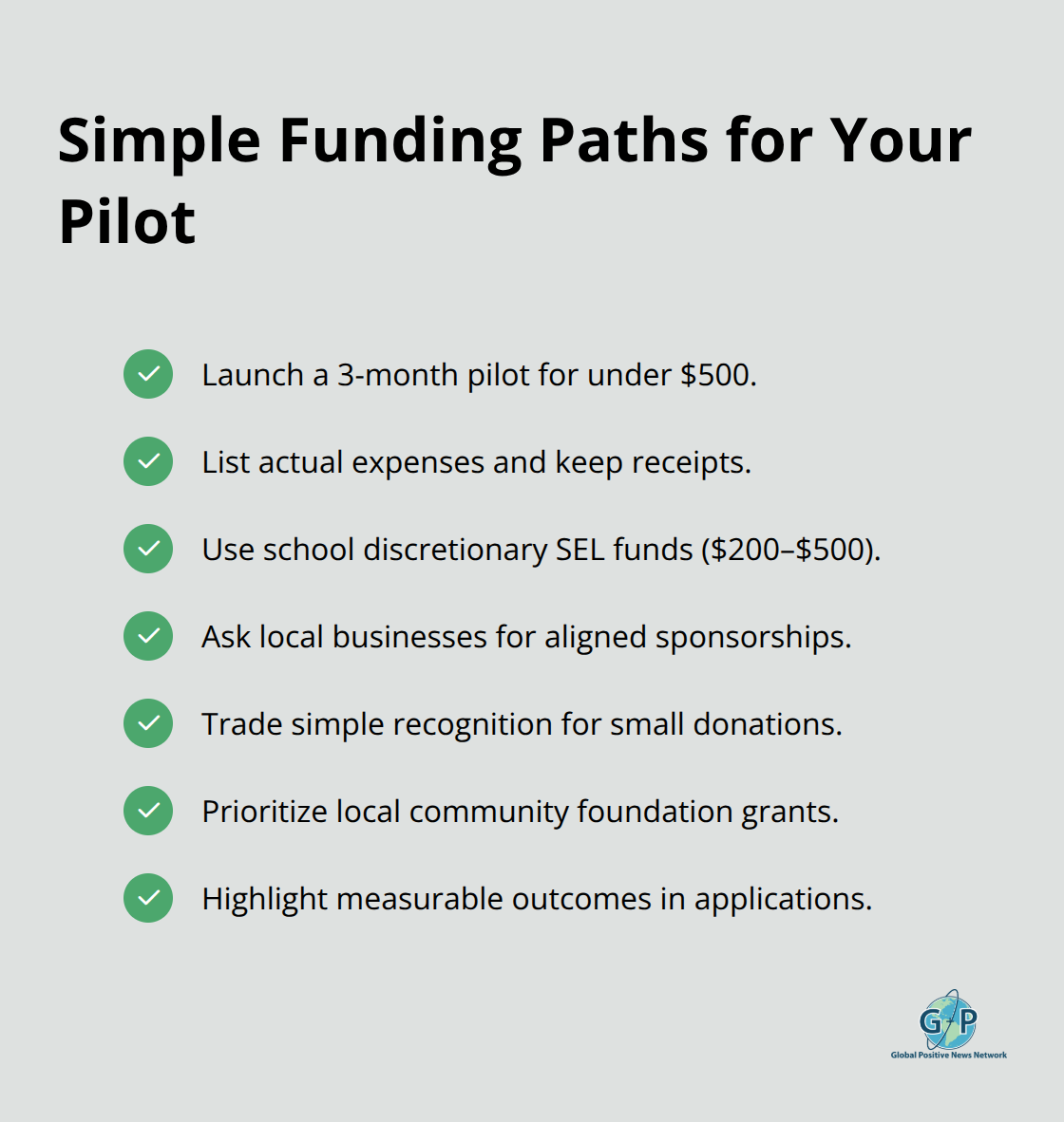Checklist of practical funding options and steps for a low-cost positivity project pilot.