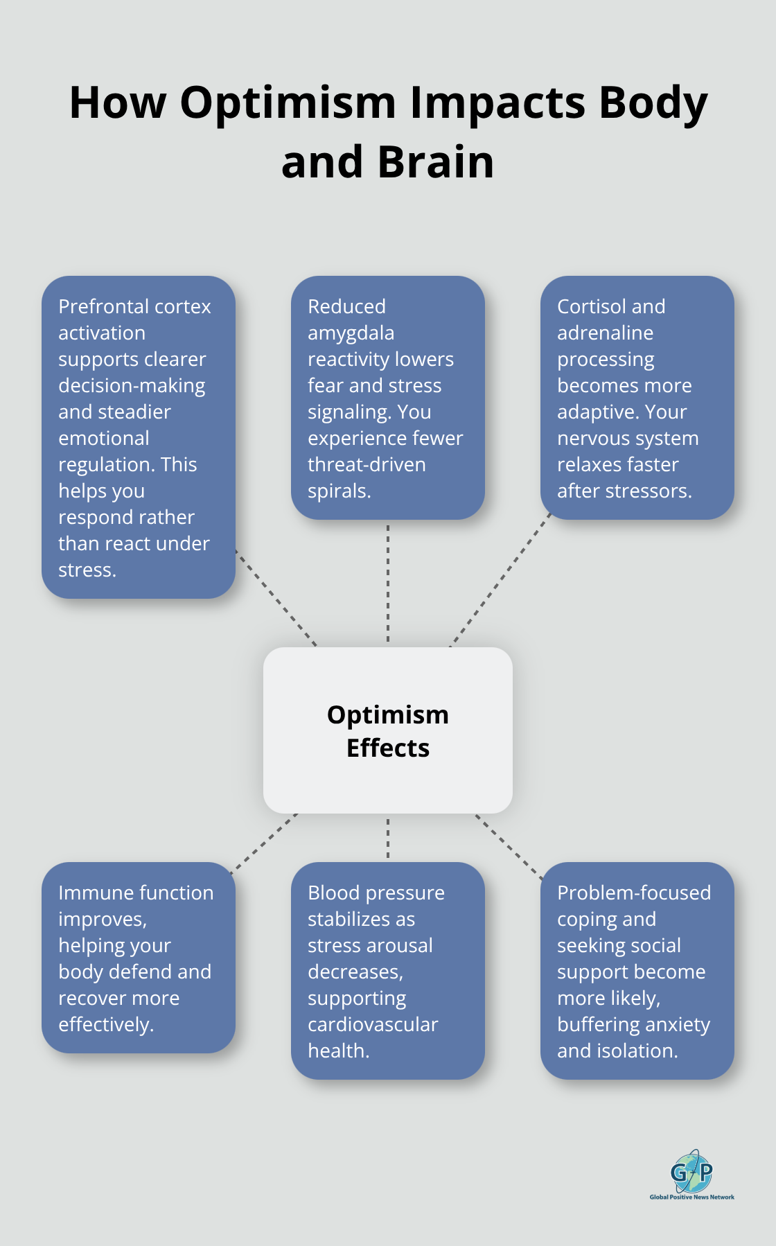Hub-and-spoke showing how optimism affects the brain, stress hormones, immune function, blood pressure, coping, and social support. - daily optimism reminders
