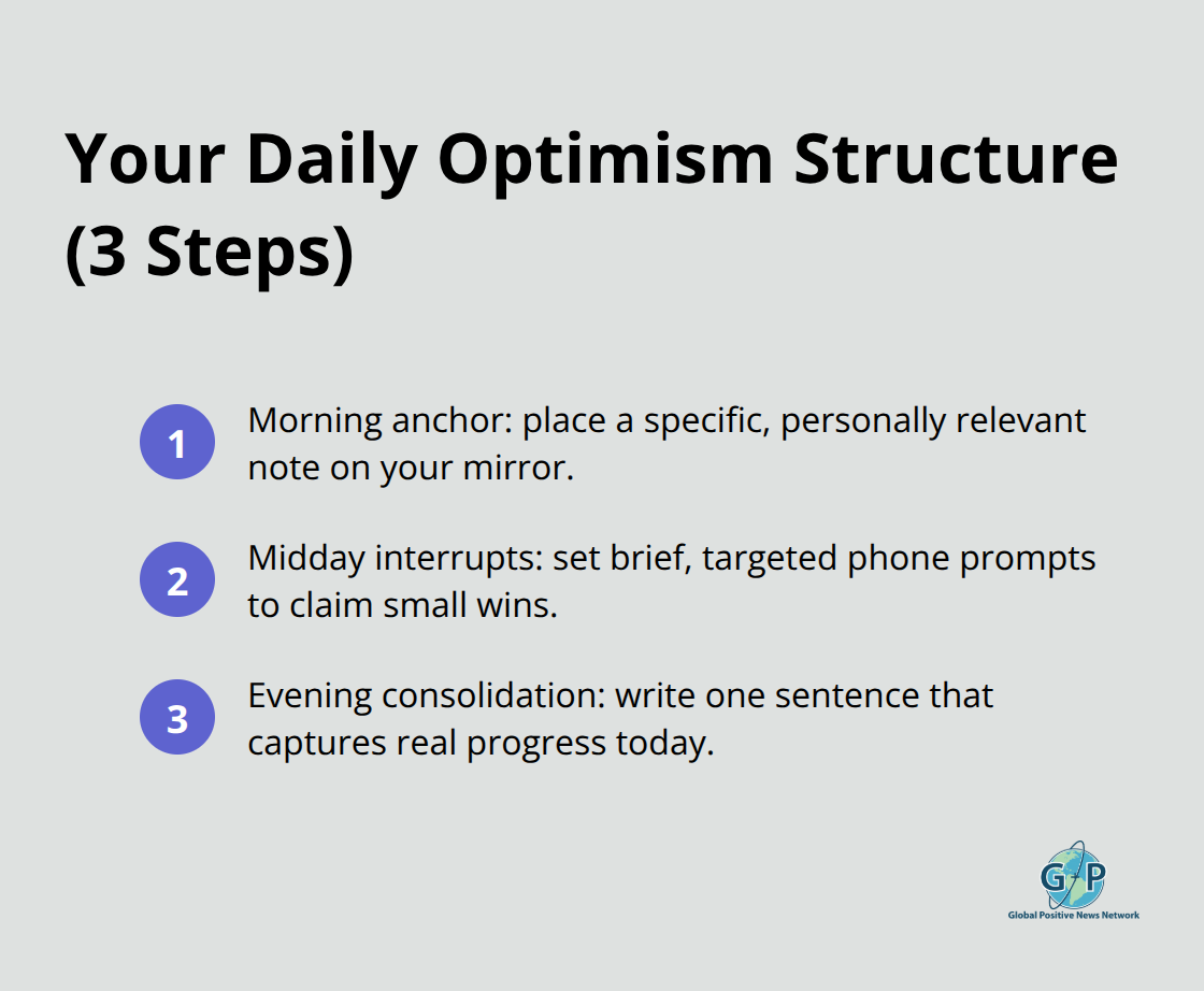 Compact three-step routine for building daily optimism: morning anchor, midday prompts, evening consolidation. - daily optimism reminders