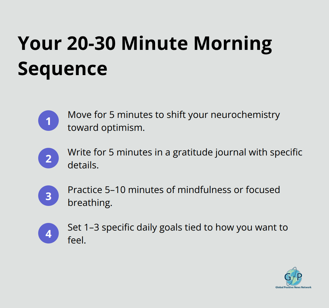 Four-step morning routine sequence with movement, gratitude, mindfulness, and goal-setting. - everyday positivity tips