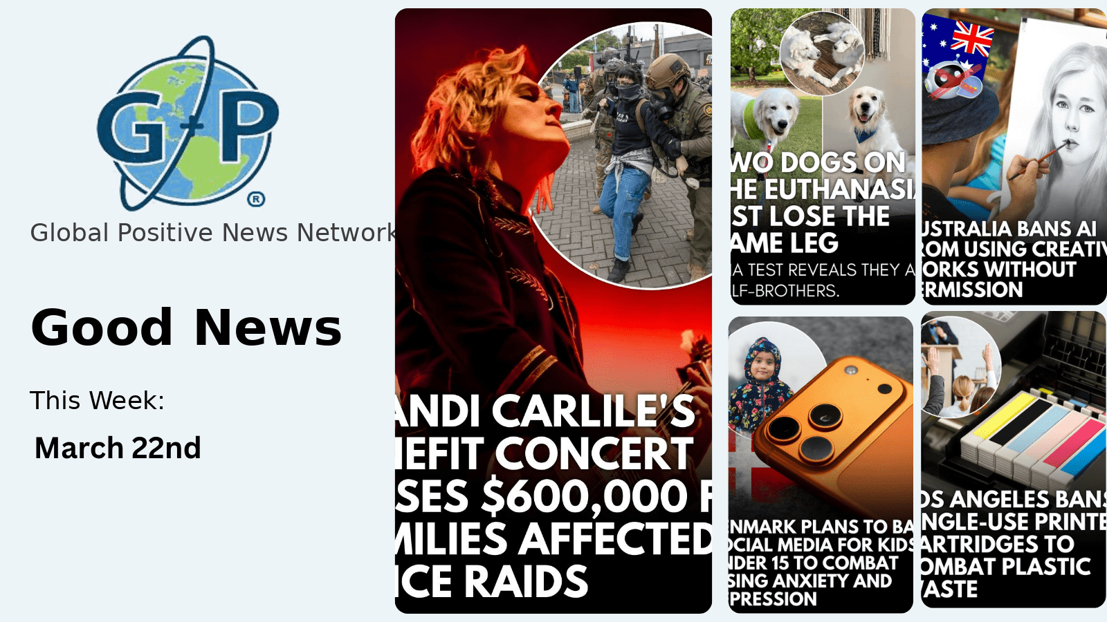 This week’s good news roundup. Brandi Carlile’s Minneapolis concert, Be Human: A Concert for Minneapolis, raised over $600,000 for families affected by ICE actions.