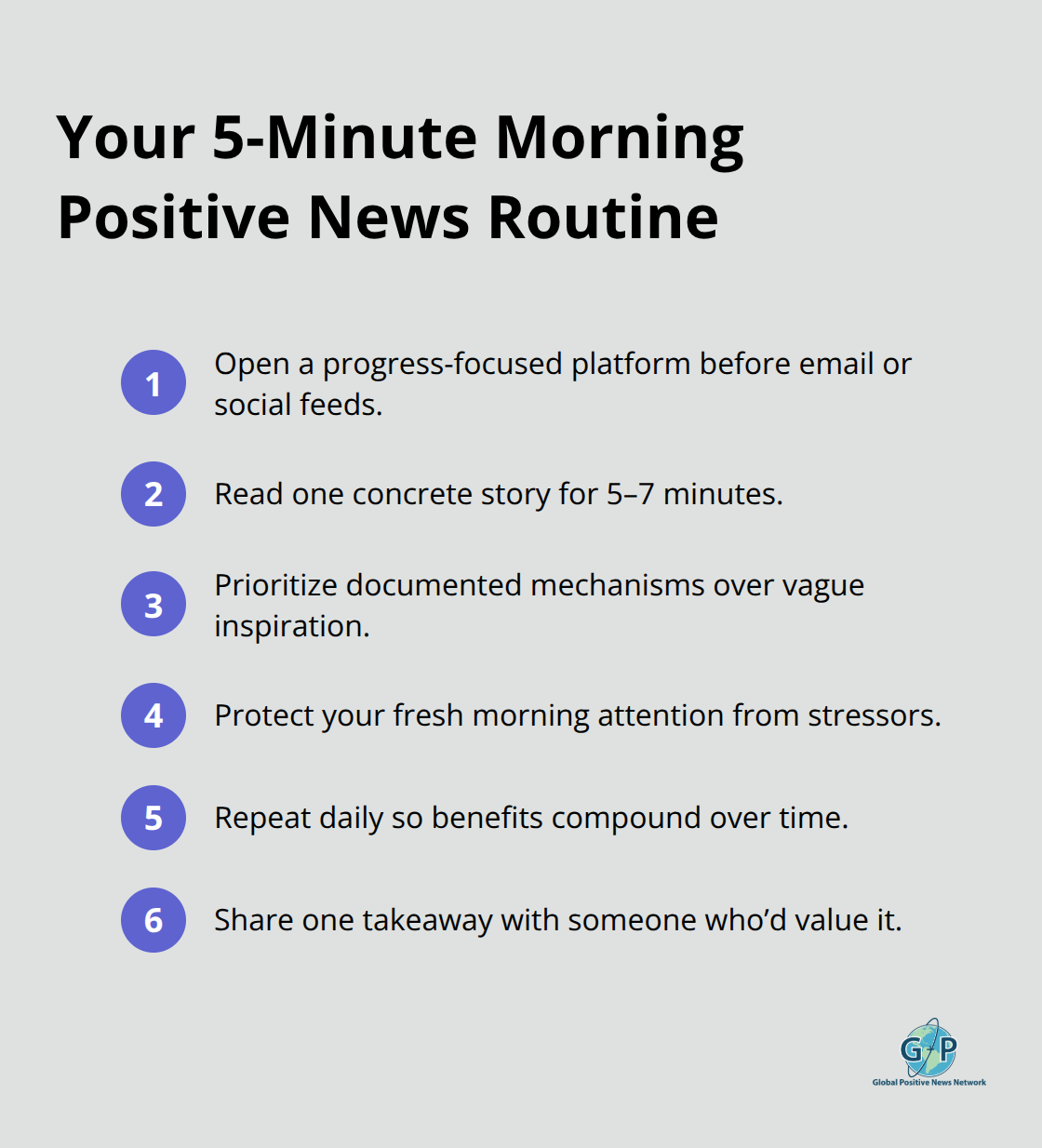Compact checklist of steps to start the day with constructive, evidence-based stories. - Positive news daily inspiration