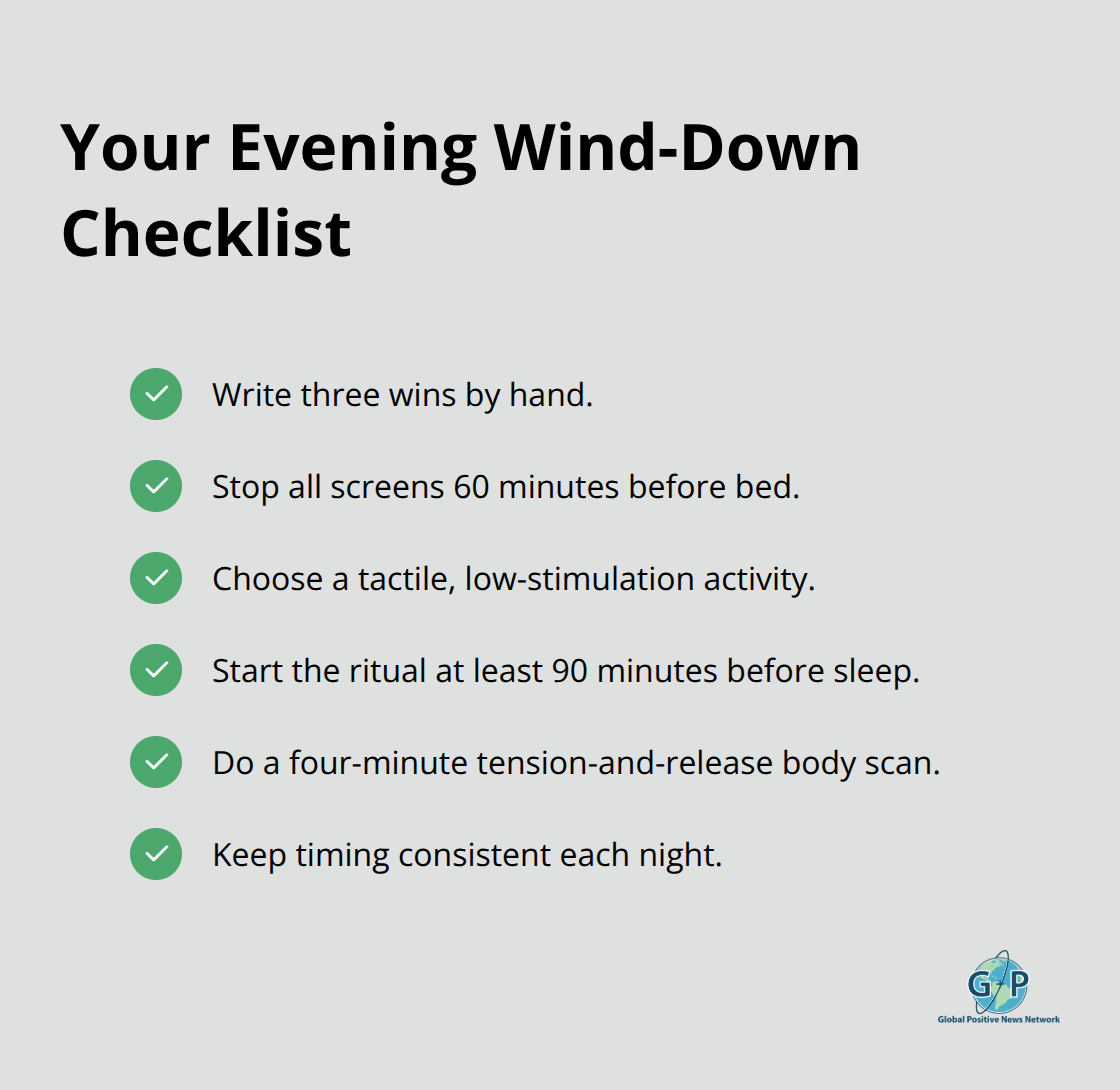 Checklist of evening actions to improve sleep quality and lower stress before bed. - Simple daily positivity rituals