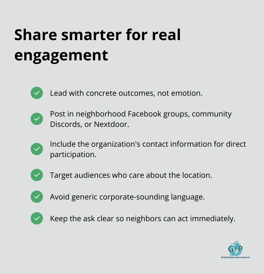 Checklist for targeted community story sharing that drives action - community positive news