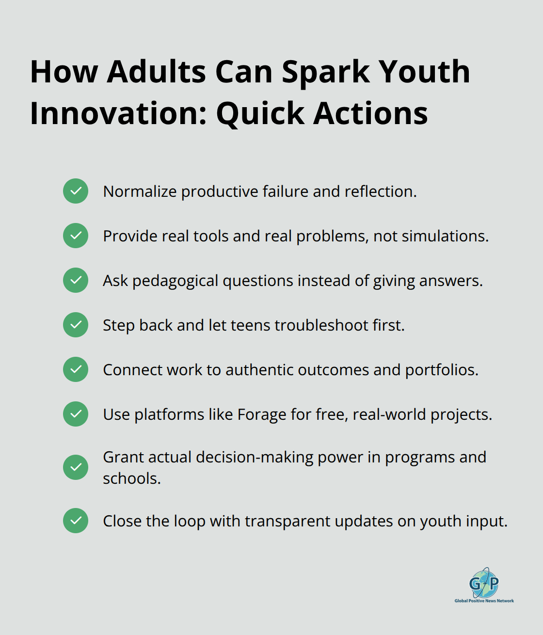 Checklist of actionable steps adults can take to foster youth innovation. - hopeful innovations for youth