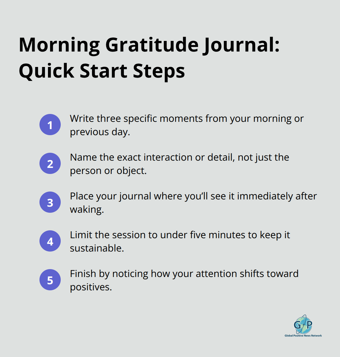 Compact step-by-step list for starting a morning gratitude journaling routine in under five minutes. - daily gratitude reflections