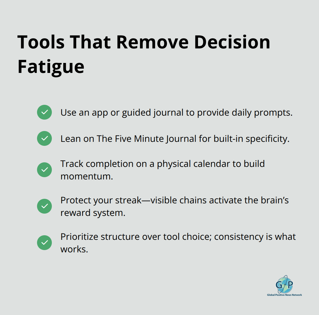 Checkmark list highlighting tools and mechanisms that make gratitude practice easier to stick with.
