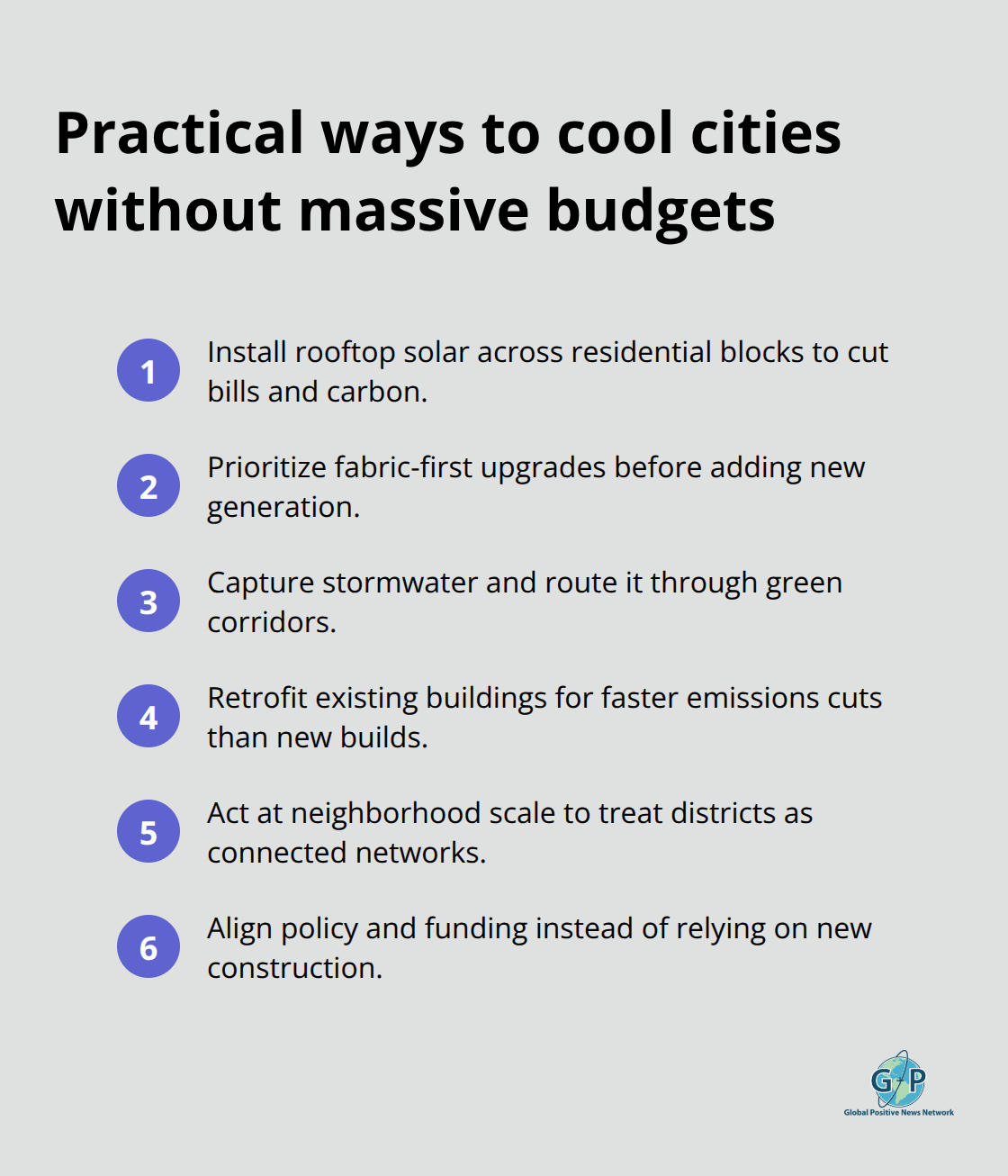 Compact list of actions cities can take to reduce heat and emissions without large budgets. - hopeful innovations for cities