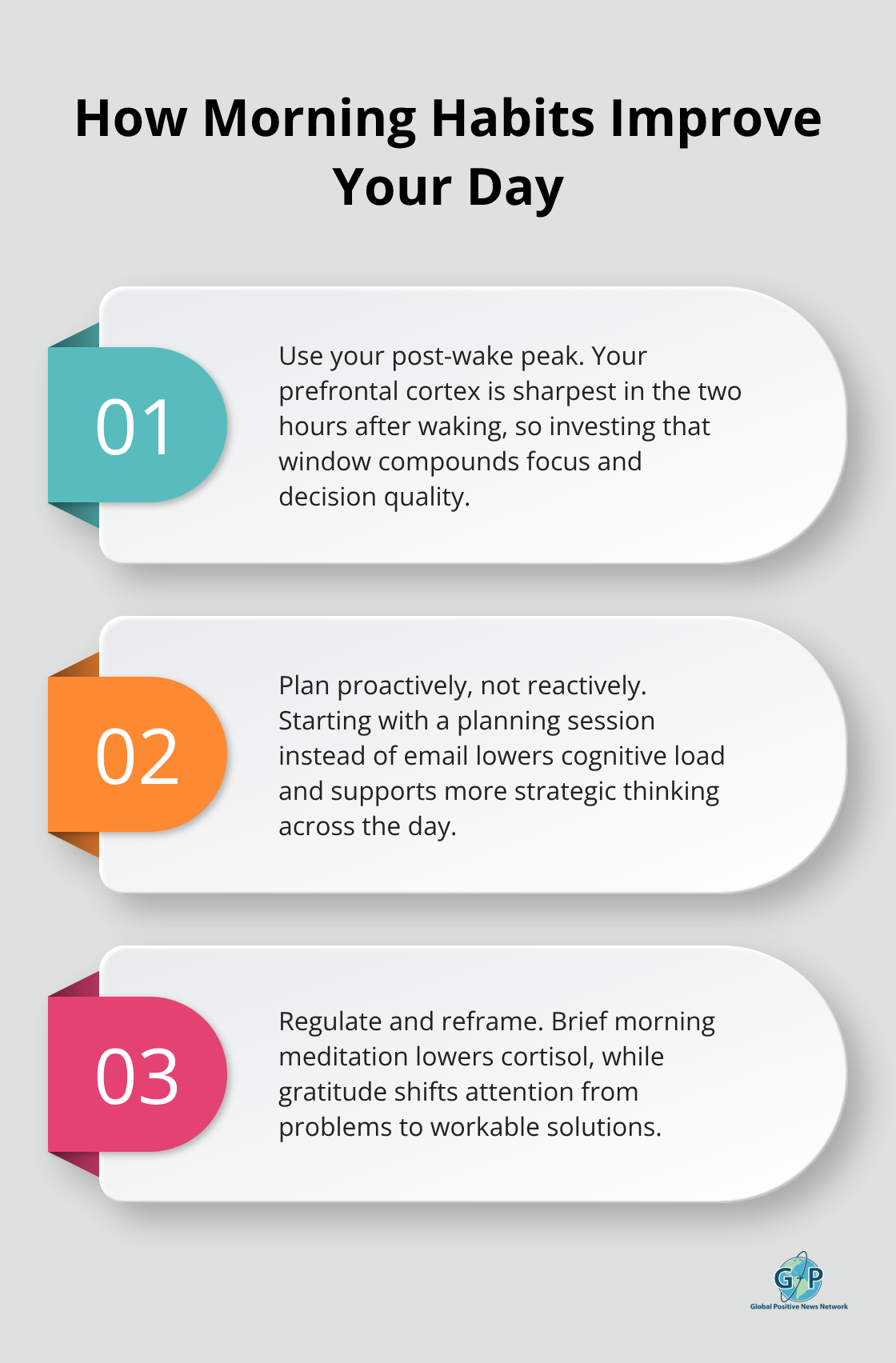 Three key day-long impacts of morning practices on focus, stress, and decision-making.