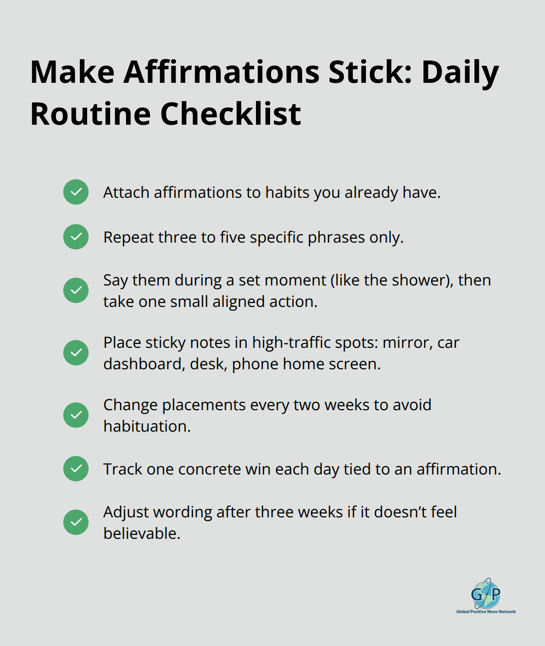 Checklist of routine strategies to make affirmations effective and consistent. - daily affirmations for optimism