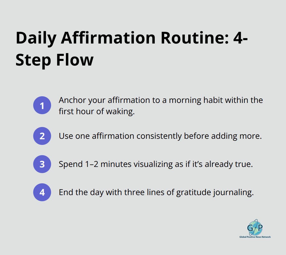 Compact list summarizing a simple four-step daily affirmation routine.