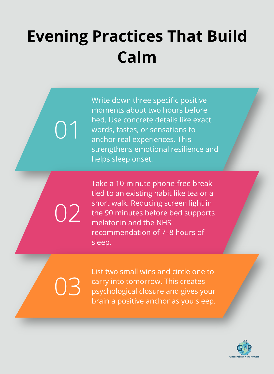 Three-step evening routine with reflection, phone-free time, and breathing - daily joy routines
