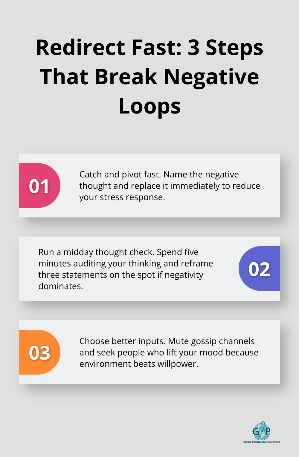 Stylized three-step guide to interrupt negative self-talk and reset focus - daily positivity mindset tips