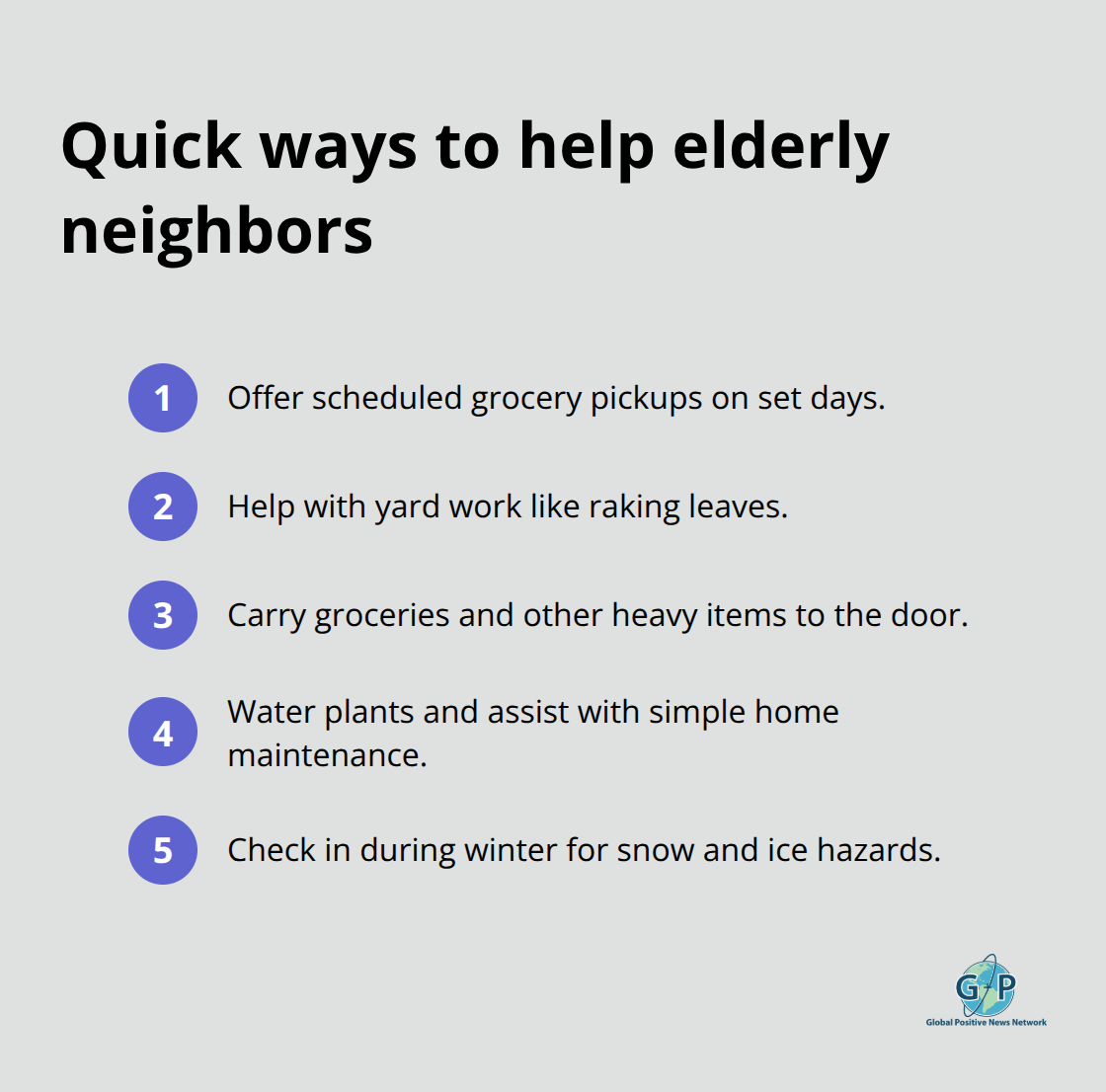 Compact list of practical, specific actions to support elderly neighbors - positive actions for neighbors