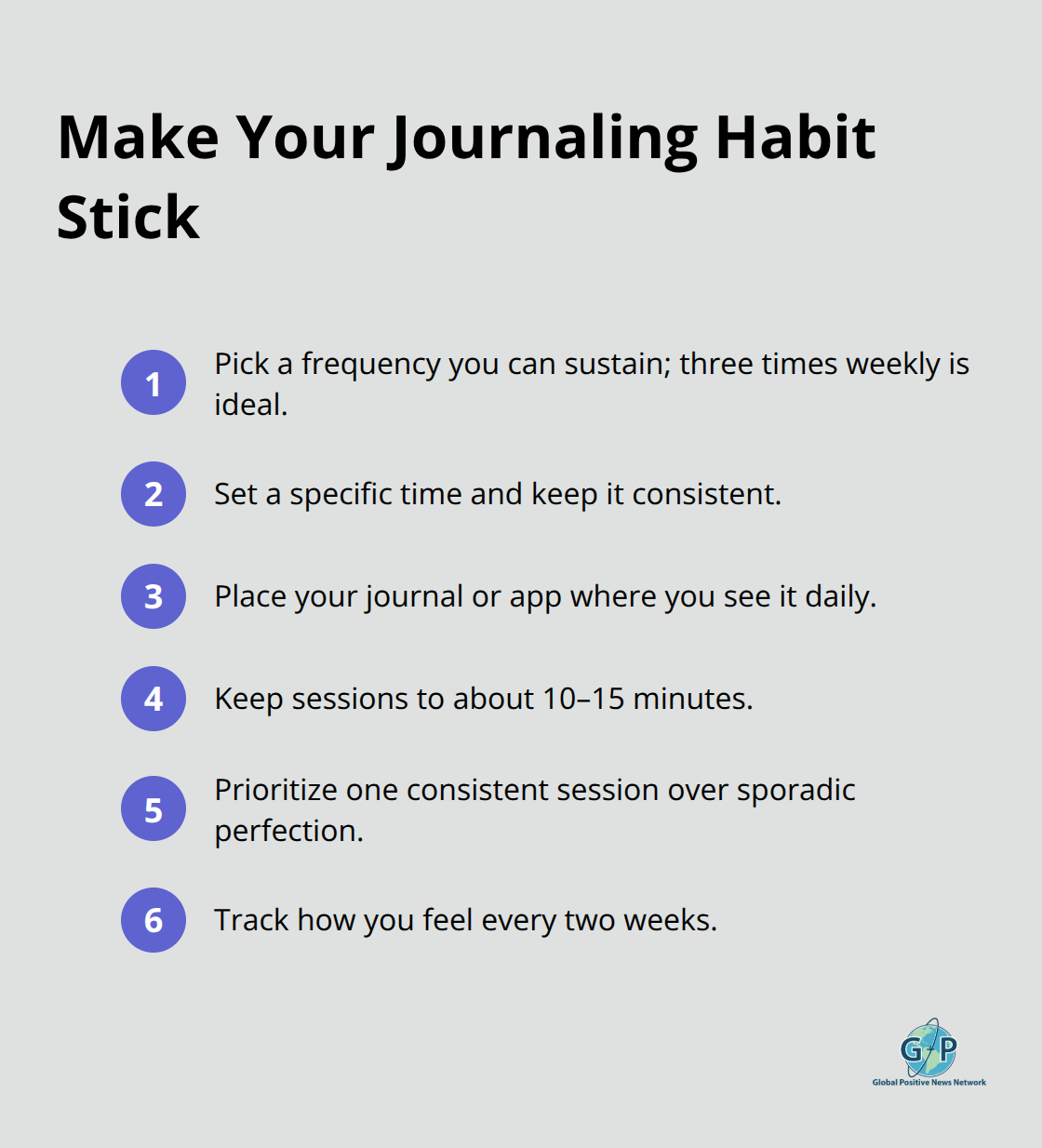 Compact checklist of actions to keep a positivity journaling habit consistent.